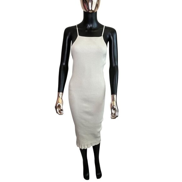 Zara Beige Ribbed Knit Midi Dress Small – Square Neck Crisscross Back - Picture 3 of 12
